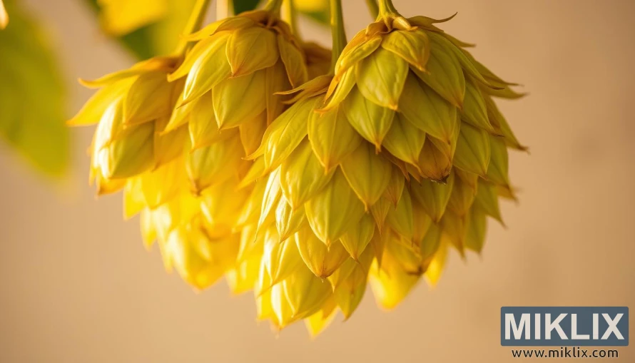 Nærbilde av gyldengrønne humlekegler med teksturerte blader under varm belysning mot en uskarp bakgrunn.