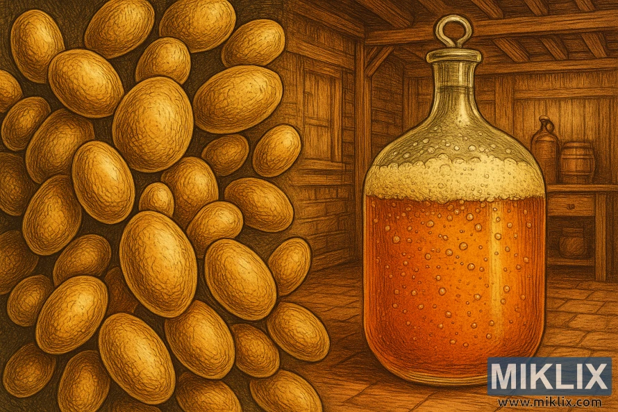 Ilustrasi sel yis Saison Belgium yang diperbesarkan di sebelah bekas kaca yang sedang menapai di bahagian dalam rumah pembuatan bir kayu yang hangat.