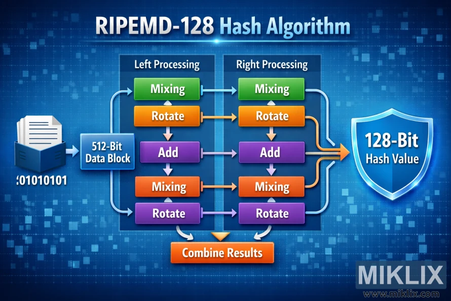 Diagram showing the high-level stages of the RIPEMD-128 hash algorithm, from input message through parallel processing paths to a 128-bit output digest.
