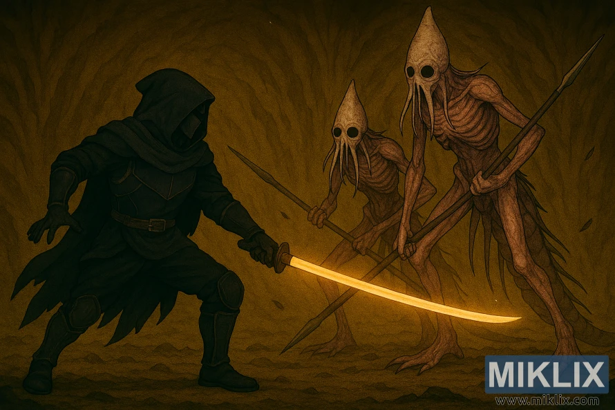 Anime-style Elden Ring fan art of the Tarnished battling two Kindred of Rot in a cavern