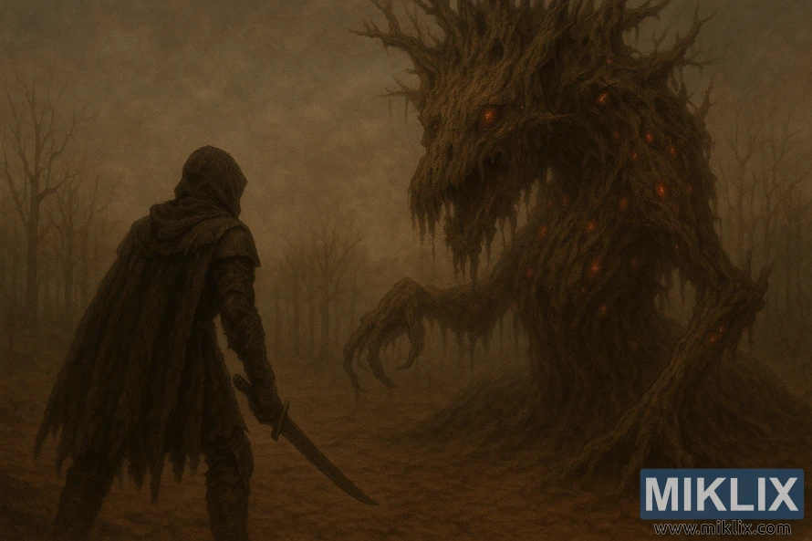 A cloaked warrior faces a massive rotting tree-like monster with glowing red eyes in a bleak wasteland.