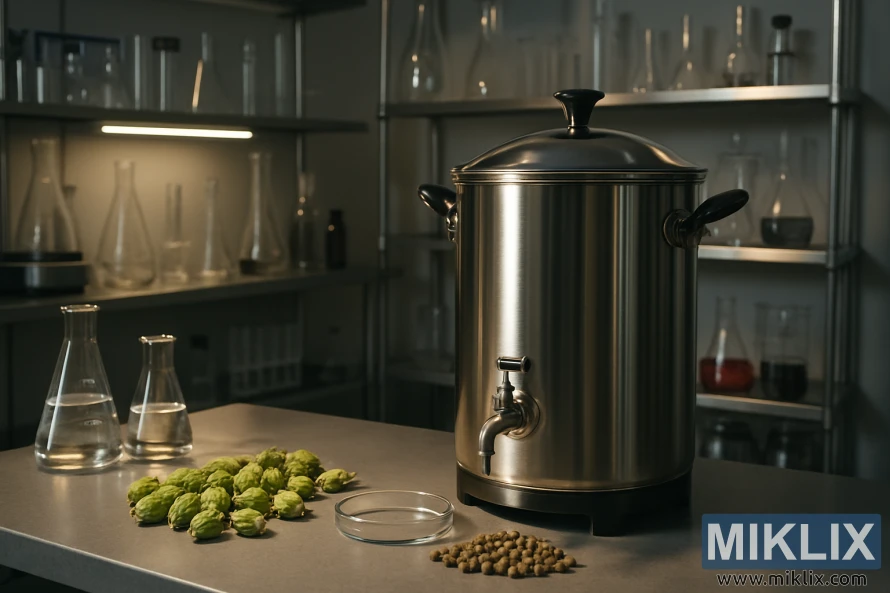 Dobro osvetljen pivovarski laboratorij z varilno posodo iz nerjavečega jekla na delovni mizi s hmeljem in steklovino.