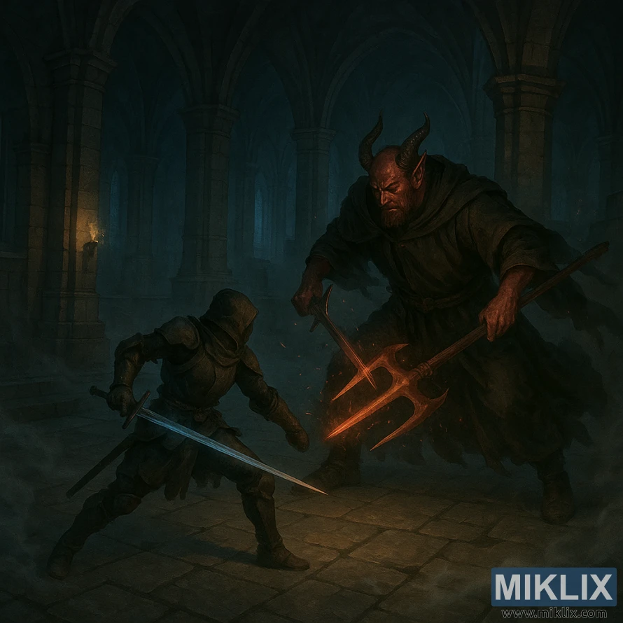 A dark realistic fantasy battle scene inside a cathedral, showing the Tarnished clashing blades with Mohg the Omen as sparks fly.
