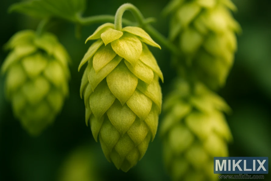 Fotografia em close-up de cones de lúpulo Apolon com tons verde-dourados, iluminação suave e fundo verde desfocado.
