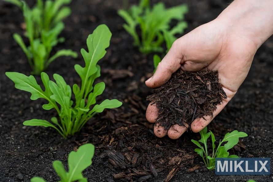 Gardener's hand applying mulch around young arugula plants in a garden bed