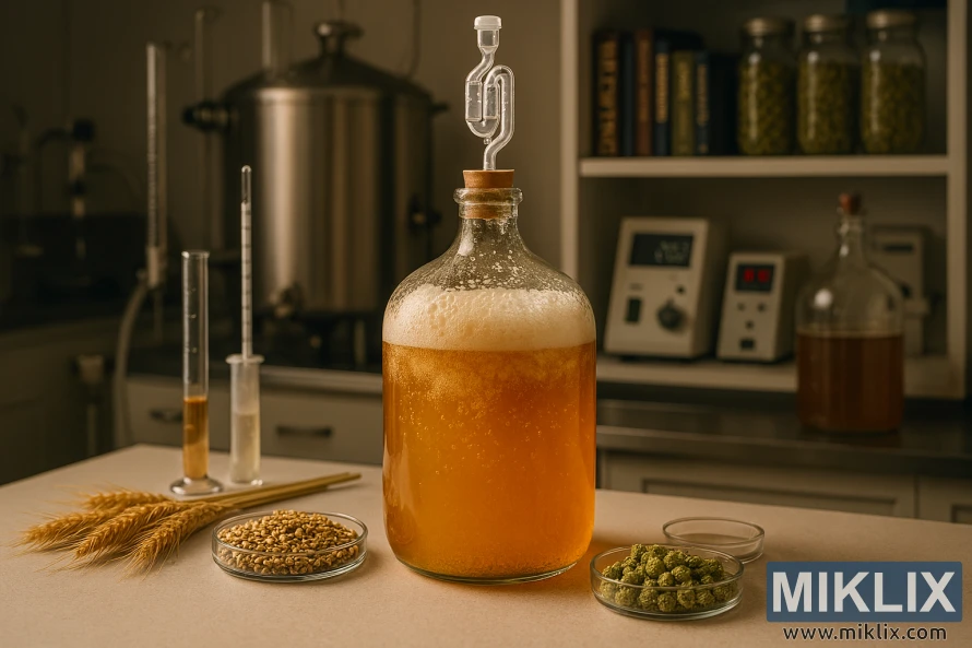 Glass carboy fermenting wheat beer in a cozy lab with brewing ingredients and equipment