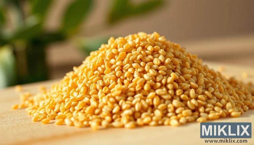 Lähikuva kullanruskeista kvinoanjyvistä, jotka kimaltelevat vaalealla pinnalla pehmeässä valaistuksessa. Lähikuva kullanruskeista kvinoanjyvistä, jotka kimaltelevat vaalealla pinnalla pehmeässä valaistuksessa.