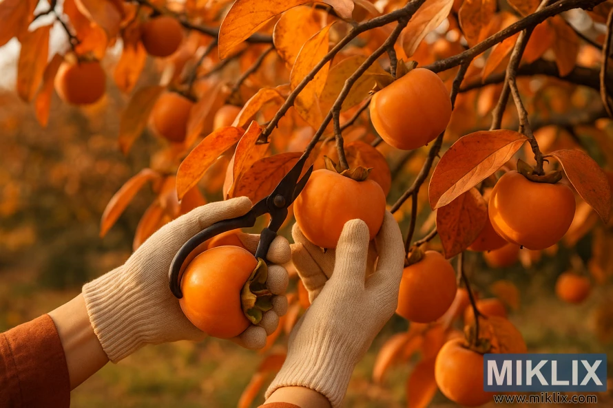 Hands in gloves harvesting ripe orange persimmons from a tree with golden autumn leaves under soft sunlight. Hands in gloves harvesting ripe orange persimmons from a tree with golden autumn leaves under soft sunlight.
