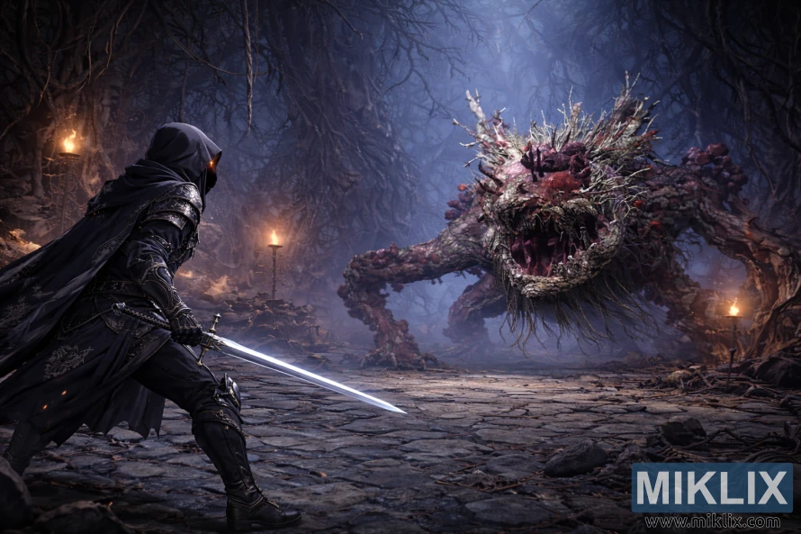 बाईं ओर टार्निश्ड का बड़ा एनीमे-स्टाइल व्यू, पीछे से तलवार खींचे हुए, फ्रिंजफोक हीरो की कब्र में मुड़ी हुई जड़ों और टॉर्च से जलते पत्थर के बीच अल्सरेटेड ट्री स्पिरिट का सामना करते हुए।