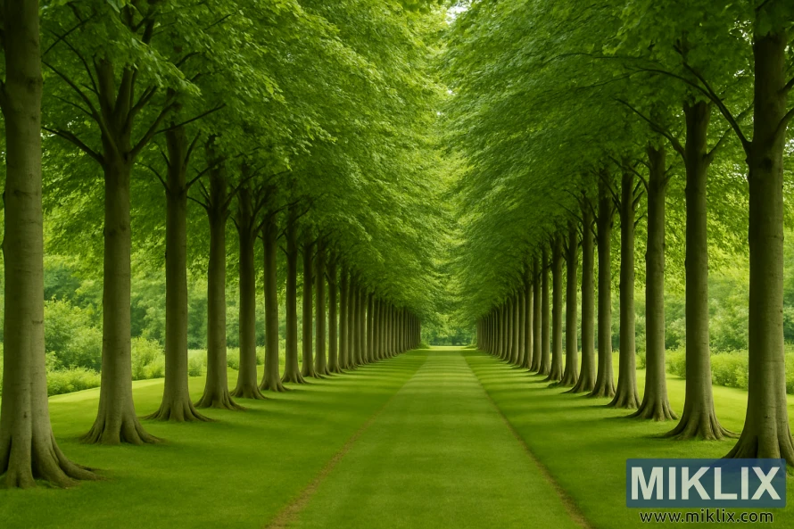 Deretan pohon Beech Eropa membentuk kanopi hijau di atas jalan setapak berumput.