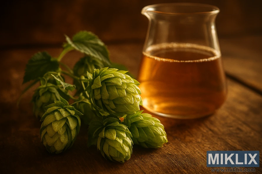 Still life of Elsaesser hop cones and amber liquid in a beaker on a rustic wooden table with warm, diffused lighting. Still life of Elsaesser hop cones and amber liquid in a beaker on a rustic wooden table with warm, diffused lighting.