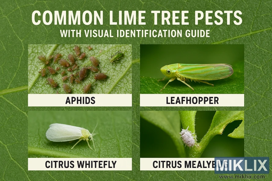 Landscape image showing aphids, leaf miners, scale insects, and spider mites on lime tree leaves with labeled markers for identification.