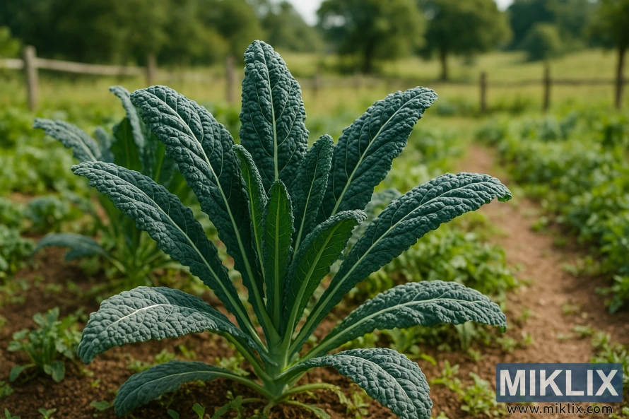 A lush Lacinato kale plant with deep green, textured leaves growing in a rustic country garden under warm sunlight.