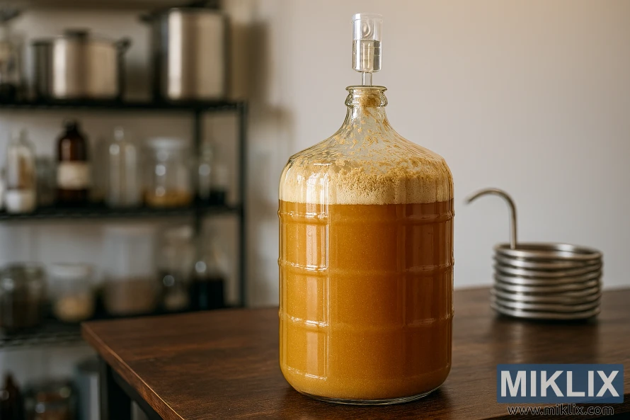 Staklena demižona za fermentaciju IPA-e na drvenom stolu u kućnom pivarskom okruženju