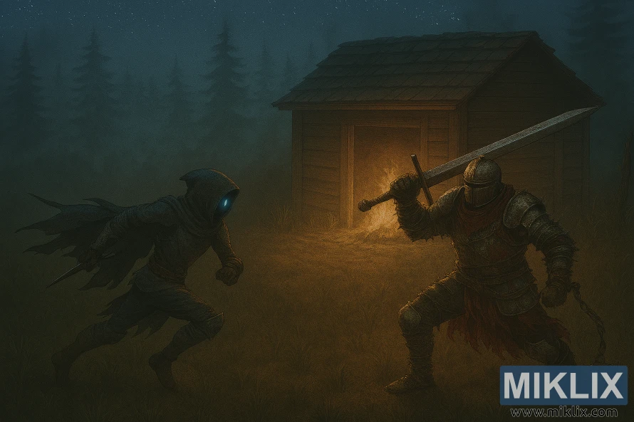 Semi-realistic battle between Tarnished and Bell-Bearing Hunter outside firelit shack in forest Semi-realistic battle between Tarnished and Bell-Bearing Hunter outside firelit shack in forest