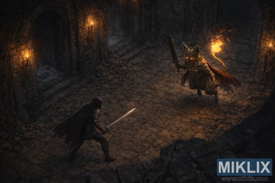 ક્લિફબોટમ કેટાકોમ્બ્સની અંદર, જ્વલંત પૂંછડીવાળા તરતા પથ્થરના રક્ષક, એર્ડટ્રી બ્યુરિયલ વોચડોગ તરફ તલવાર સાથે ટાર્નિશ્ડનું આઇસોમેટ્રિક શ્યામ કાલ્પનિક દૃશ્ય.