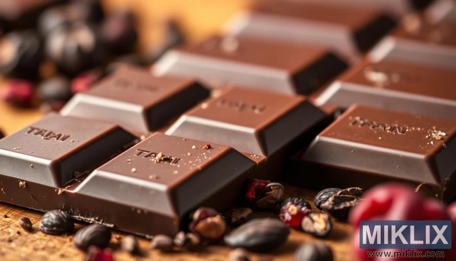 Tumšās šokolādes tāfelītes tuvplāns ar kakao pupiņām un žāvētām ogām siltā apgaismojumā.