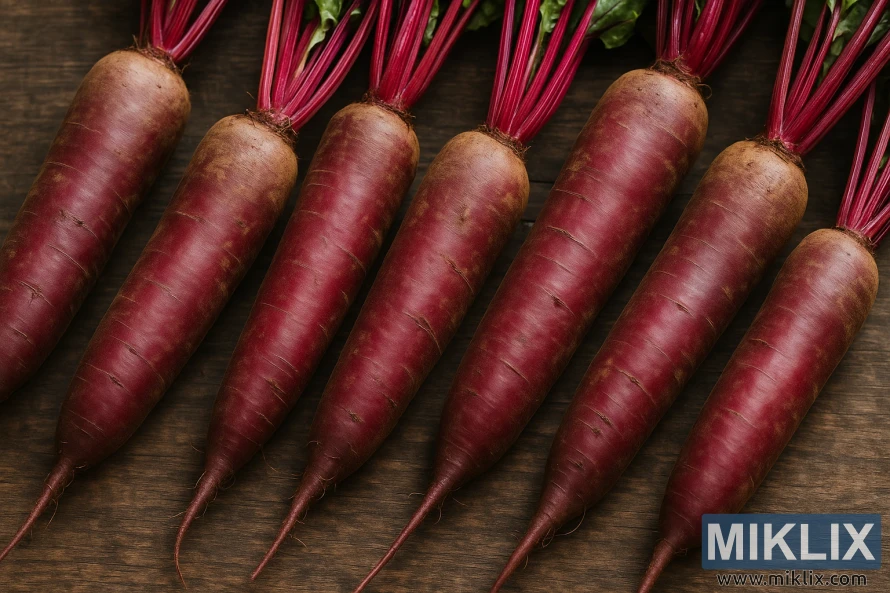 Ряд видовжених буряків циліндри, розташованих на дерев'яній поверхні з прикріпленими яскравими стеблами. Ряд видовжених буряків циліндри, розташованих на дерев'яній поверхні з прикріпленими яскравими стеблами.