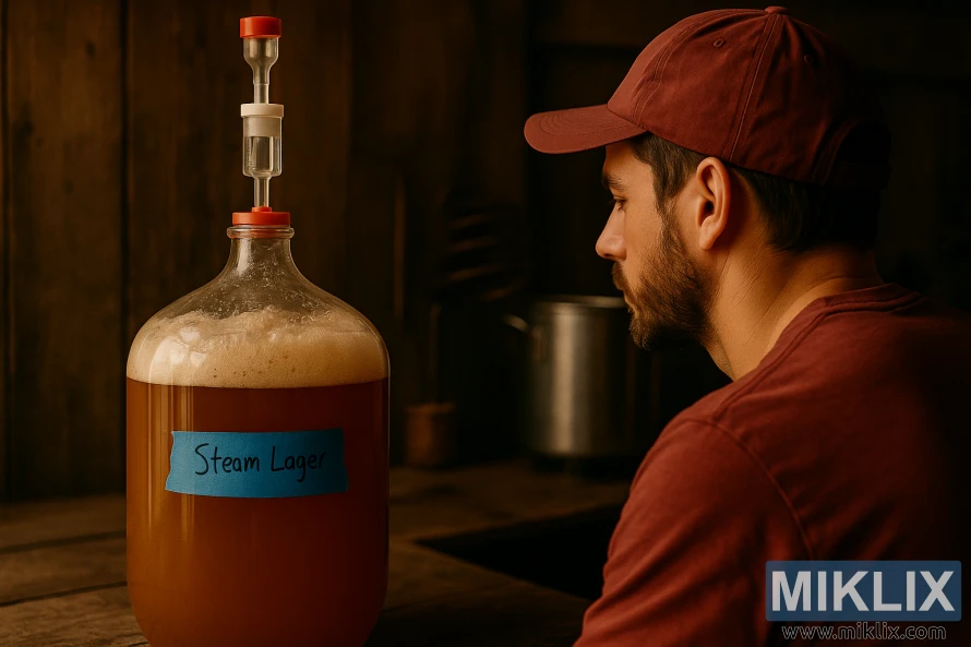 Domáci sládok v rustikálnom prostredí pozoruje sklenený demižón s parným ležiakom, ktorý kvasí s penou navrchu a ručne písanou etiketou. Domáci sládok v rustikálnom prostredí pozoruje sklenený demižón s parným ležiakom, ktorý kvasí s penou navrchu a ručne písanou etiketou.