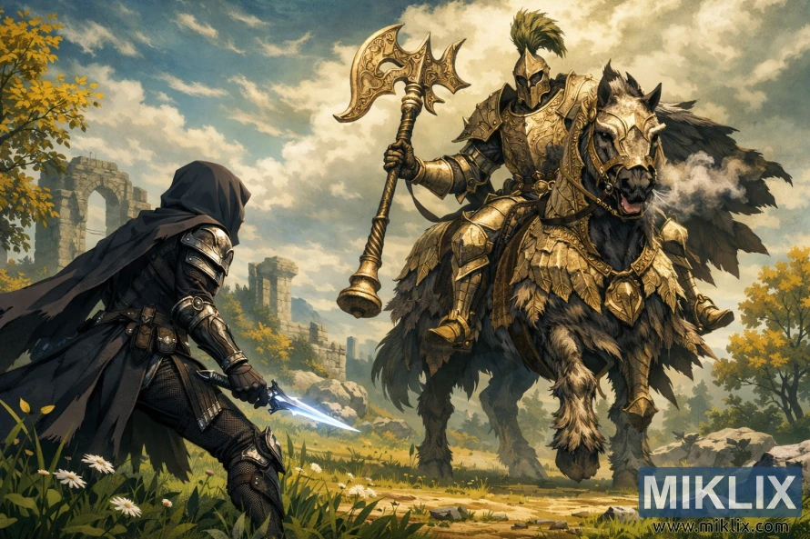 Fan art in stile anime di un Tarnished avvolto in un'armatura nera che affronta il boss dorato Tree Sentinel a cavallo nei campi erbosi di Limgrave, poco prima della battaglia.