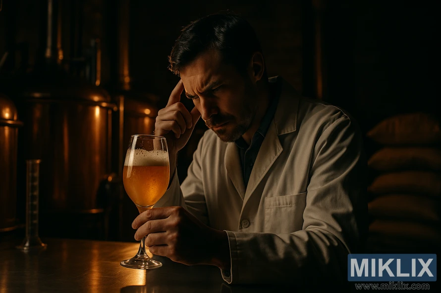 Technician in a lab coat studies a glass of fermenting beer in a dimly lit brewery, with copper vessels and malt sacks in the background under warm light.