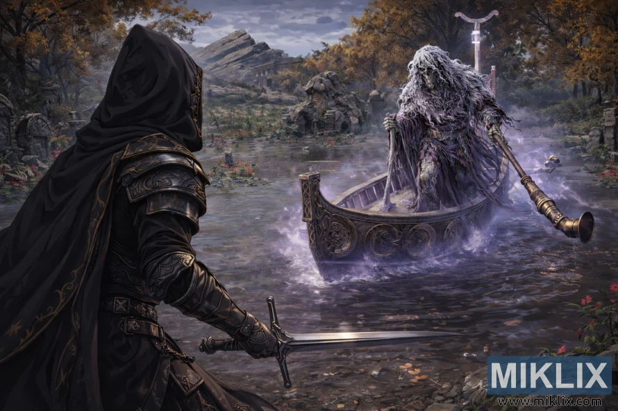 Anime fantasy scene of a hooded black-armored warrior with a sword seen from behind on the left facing a ghostly skeletal boatman in a misty flooded village. Anime fantasy scene of a hooded black-armored warrior with a sword seen from behind on the left facing a ghostly skeletal boatman in a misty flooded village.