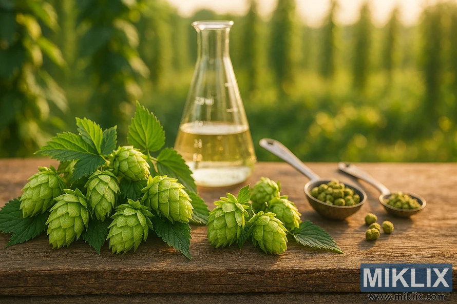 Umelecká fotografia náhrad chmeľu a zariadenia na varenie piva na rustikálnom stole s chmeľovým poľom v pozadí