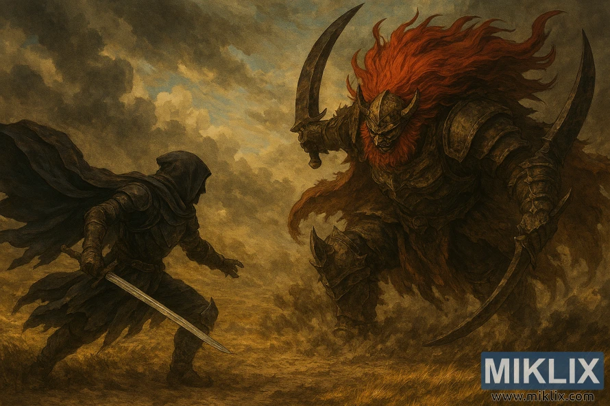 ಎಲ್ಡನ್ ರಿಂಗ್‌ನಲ್ಲಿ ಟಾರ್ನಿಶ್ಡ್ ಫೈಟಿಂಗ್ ಸ್ಟಾರ್‌ಸ್ಕೋರ್ಜ್ ರಾಡಾನ್‌ನ ಅರೆ-ವಾಸ್ತವಿಕ ಅಭಿಮಾನಿ ಕಲೆ.