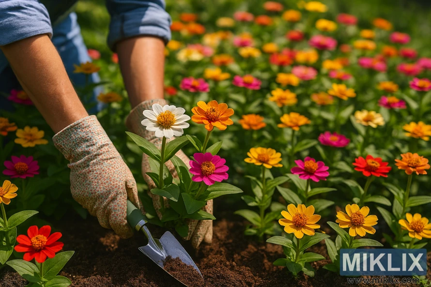 Close-up van een persoon die kleurrijke zinniabloemen plant in een tuinbed met rijke grond en levendige bloemen op een zonnige zomerdag Close-up van een persoon die kleurrijke zinniabloemen plant in een tuinbed met rijke grond en levendige bloemen op een zonnige zomerdag