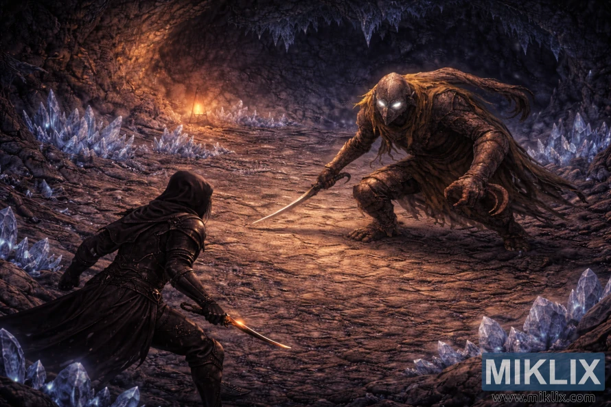 Isometric fantasy scene showing the Tarnished facing the Bloodhound Knight in a crystal-filled cave just before battle.