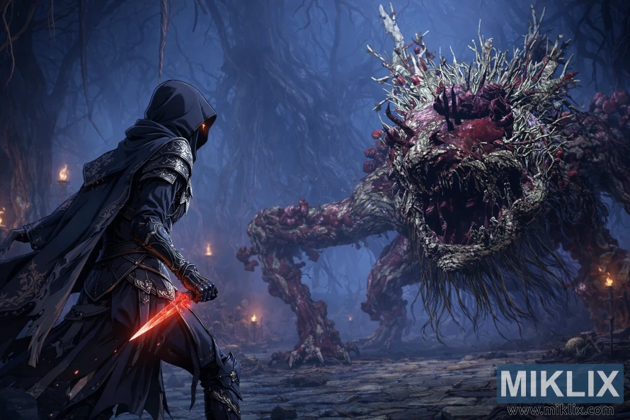 लड़ाई से कुछ पल पहले, एल्डन रिंग में फ्रिंजफोक हीरो की कब्र के अंदर अल्सरेटेड ट्री स्पिरिट के पास सावधानी से पहुंचते हुए, ब्लैक नाइफ आर्मर में टार्निश्ड का एनीमे-स्टाइल फैन आर्ट।