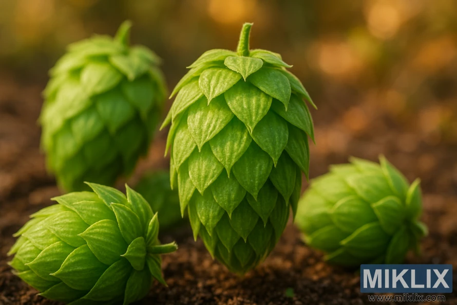 Крупный план свежих шишек хмеля сорта Galaxy с зеленой текстурой, блестящих в теплых солнечных лучах. Крупный план свежих шишек хмеля сорта Galaxy с зеленой текстурой, блестящих в теплых солнечных лучах.