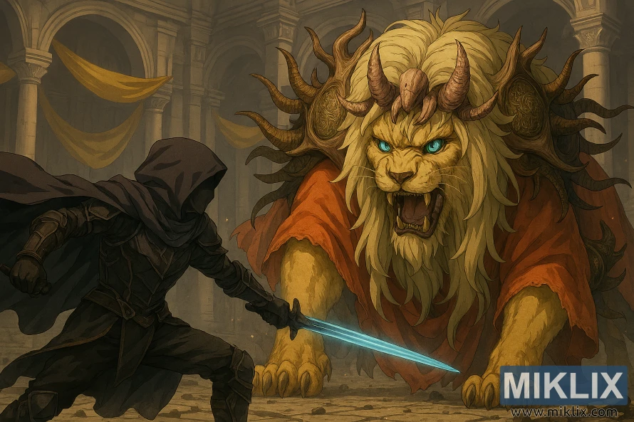 Anime-style fan art of Elden Ring's Tarnished in Black Knife armor fighting Divine Beast Dancing Lion