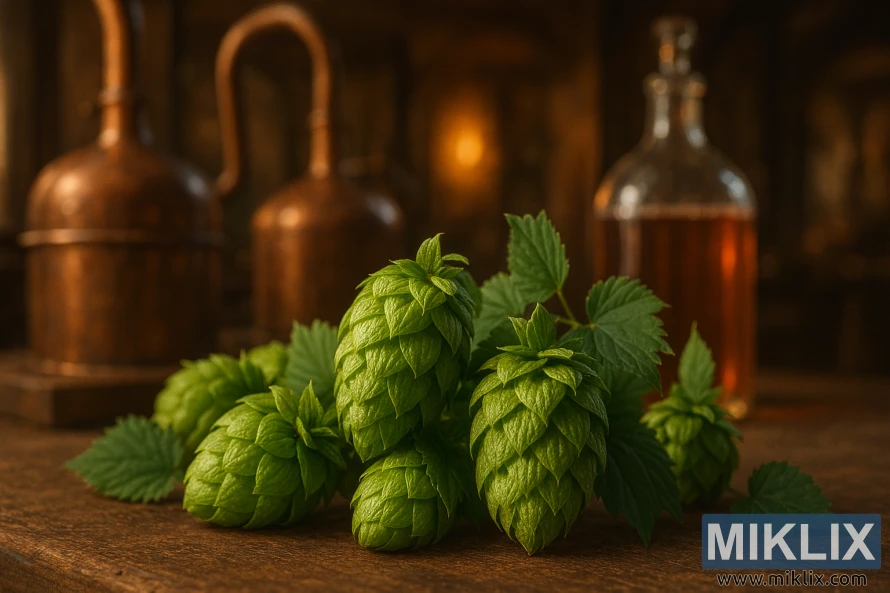 Close-up of green hop cones with copper brewing stills and amber bottle in rustic brewery setting