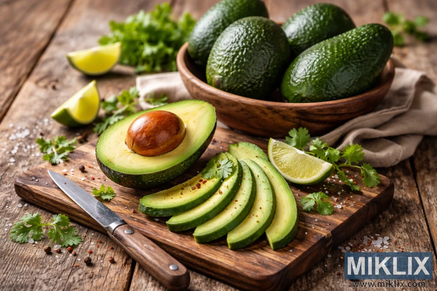 कागती, धनियाँ, र पृष्ठभूमिमा सिङ्गो एभोकाडोको कचौरा राखेर ग्रामीण काठको काट्ने बोर्डमा काटेर आधा काटेर राखिएका ताजा एभोकाडोहरू कागती, धनियाँ, र पृष्ठभूमिमा सिङ्गो एभोकाडोको कचौरा राखेर ग्रामीण काठको काट्ने बोर्डमा काटेर आधा काटेर राखिएका ताजा एभोकाडोहरू