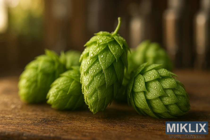 Close-up of fresh green Orbit hops with morning dew on a rustic wooden surface and blurred brewery background