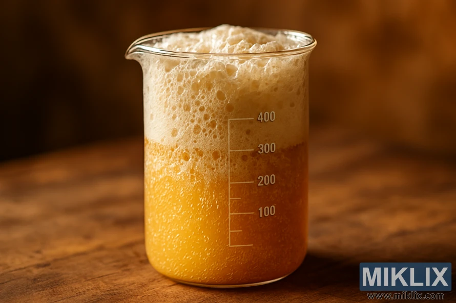 İsti işıqlandırma ilə taxta səthdə köpüklü, qızılı rəngli maya başlanğıcı ilə doldurulmuş şüşə stəkan.