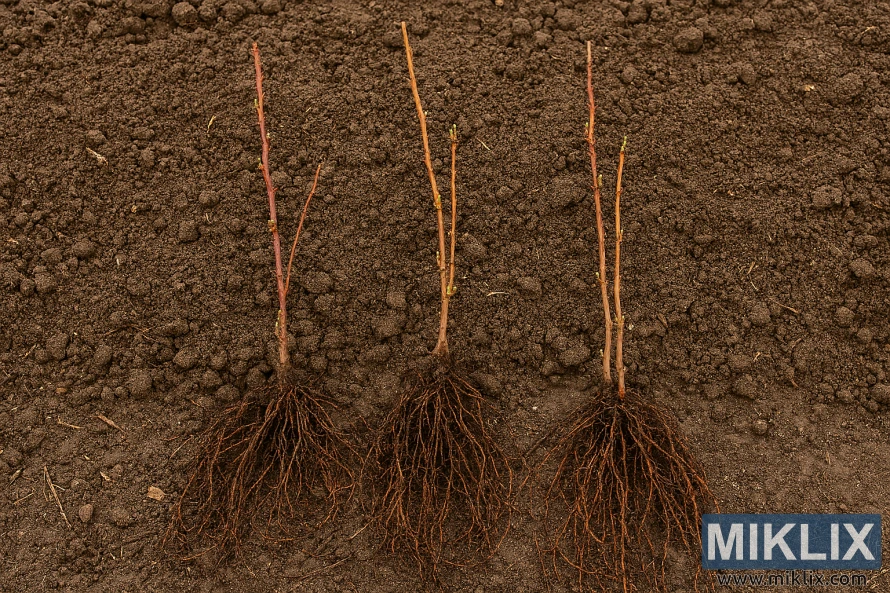 Trys plikšakniai gervuogių augalai su atviromis šaknimis, paguldyti ant įdirbtos dirvos, paruošti sodinimui. Trys plikšakniai gervuogių augalai su atviromis šaknimis, paguldyti ant įdirbtos dirvos, paruošti sodinimui.