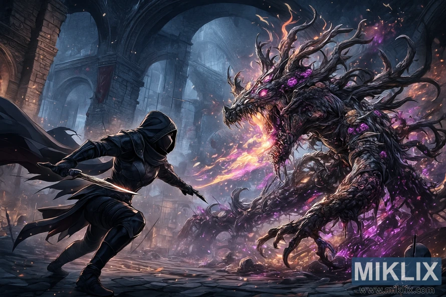 Anime-style artwork of a Tarnished in Black Knife armor battling a Putrid Tree Spirit inside the War-Dead Catacombs. Anime-style artwork of a Tarnished in Black Knife armor battling a Putrid Tree Spirit inside the War-Dead Catacombs.