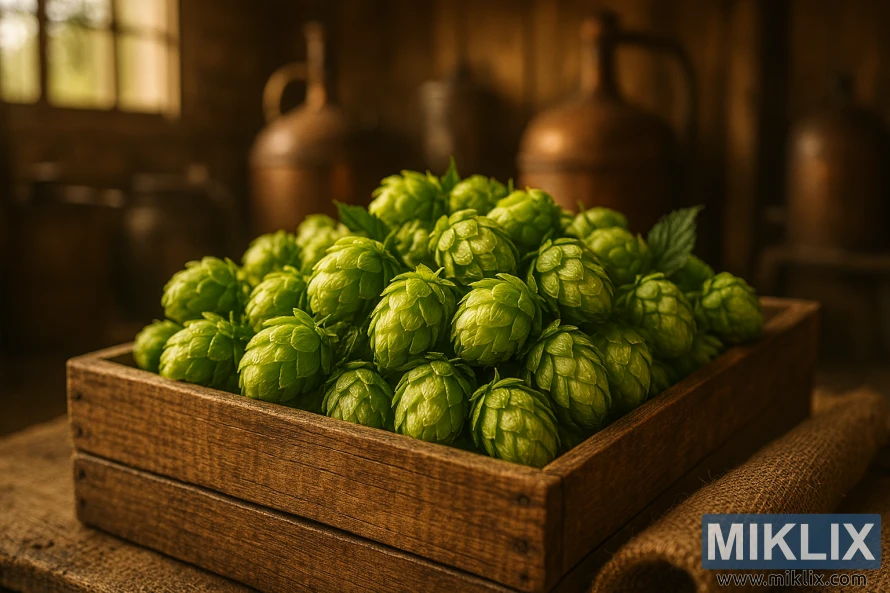 Sveže obrani lublinski hmelj v lesenem zaboju z opremo za pivovarstvo v rustikalnem okolju hleva