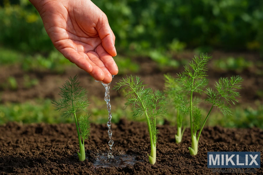 Hand watering young fennel plants with precise technique in a sunlit garden bed