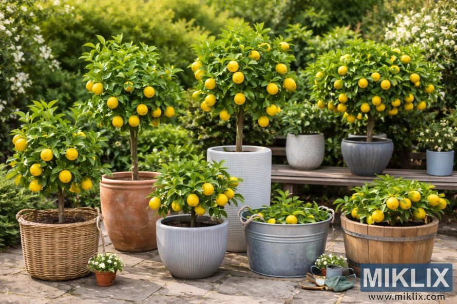 Ảnh phong cảnh cho thấy những cây chanh được trồng trong chậu đất nung, chậu gốm, thùng gỗ, thùng bê tông, túi vải trồng cây và chậu đá trong một khu vườn ngập nắng.