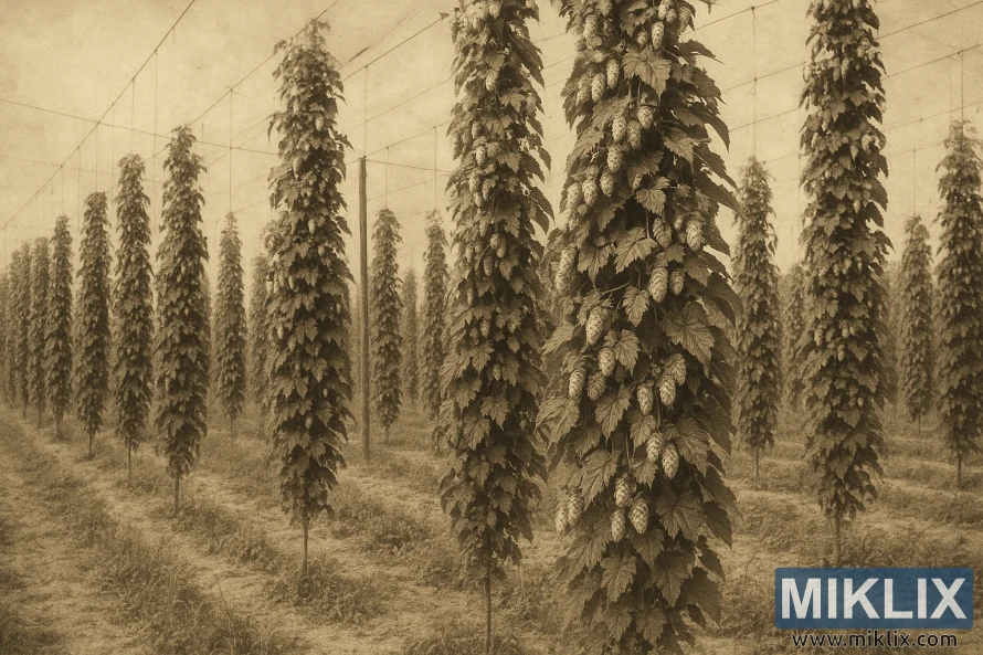 Sepiatonat fotografi från tidigt 1900-tal av höga Shinshuwase-humleplantor som växer i ordnade rader.