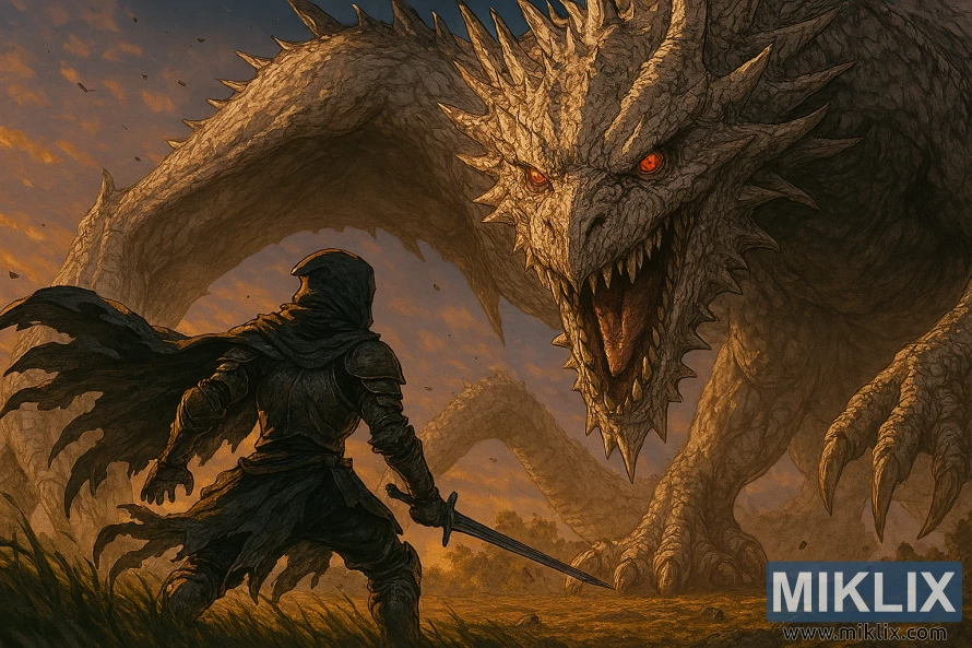 Anime-style fan art of the Tarnished in Black Knife armor facing Elder Dragon Greyoll in Dragonbarrow