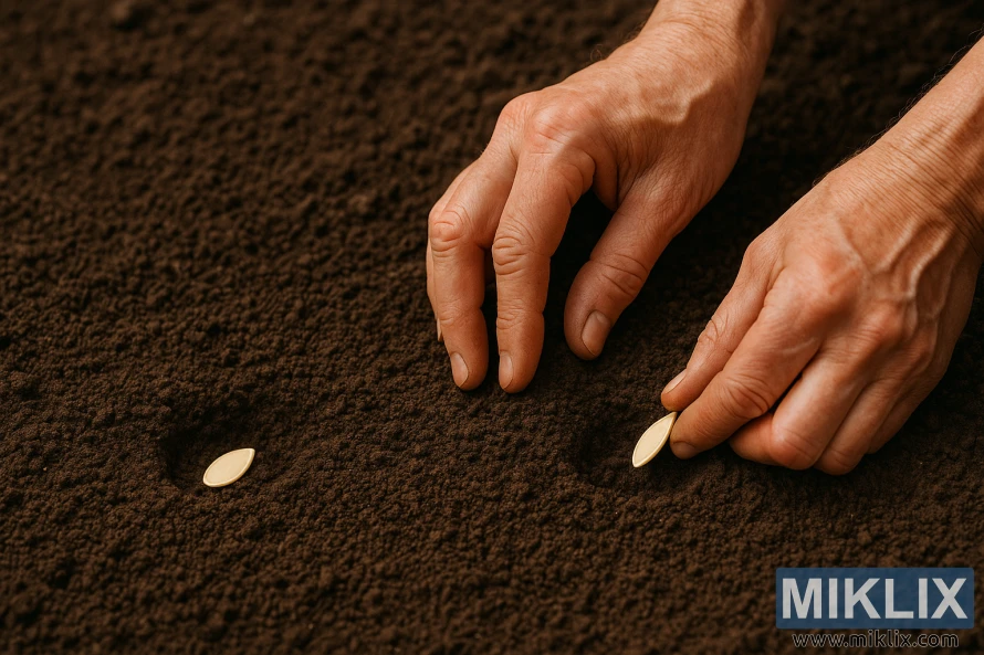 ਤਾਜ਼ੀ ਤਿਆਰ ਕੀਤੀ ਮਿੱਟੀ ਵਿੱਚ ਉਲਚੀਨੀ ਦੇ ਬੀਜ ਲਗਾਉਂਦੇ ਹੋਏ ਹੱਥਾਂ ਦਾ ਕਲੋਜ਼-ਅੱਪ ਤਾਜ਼ੀ ਤਿਆਰ ਕੀਤੀ ਮਿੱਟੀ ਵਿੱਚ ਉਲਚੀਨੀ ਦੇ ਬੀਜ ਲਗਾਉਂਦੇ ਹੋਏ ਹੱਥਾਂ ਦਾ ਕਲੋਜ਼-ਅੱਪ