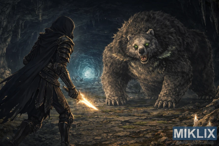Anime style fan art of a hooded armored warrior facing a giant glowing-eyed bear inside a dark fantasy cave just before battle.