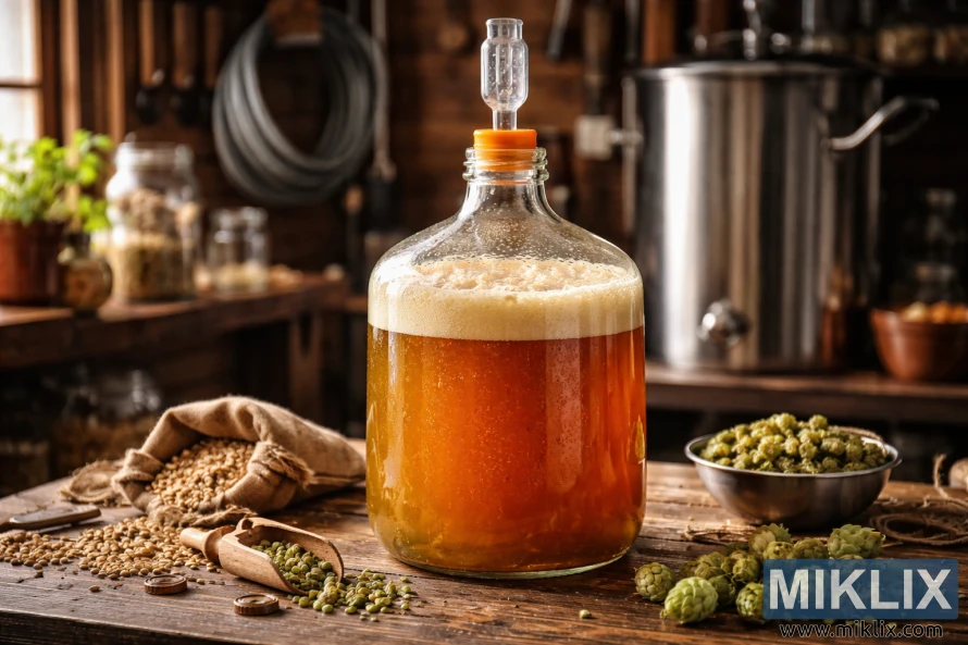 మోటైన హోమ్బ్రూయింగ్ సెట్టింగ్లో హాప్స్ మరియు గ్రెయిన్స్తో చుట్టుముట్టబడిన చెక్క బల్లపై కిణ్వ ప్రక్రియ చేస్తున్న అమెరికన్ IPA యొక్క గ్లాస్ కార్బాయ్. మోటైన హోమ్బ్రూయింగ్ సెట్టింగ్లో హాప్స్ మరియు గ్రెయిన్స్తో చుట్టుముట్టబడిన చెక్క బల్లపై కిణ్వ ప్రక్రియ చేస్తున్న అమెరికన్ IPA యొక్క గ్లాస్ కార్బాయ్.