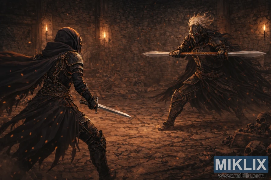 Anime-style illustration of the Tarnished approaching Black Knight Edredd, who wields a straight double-ended sword in a torchlit stone chamber