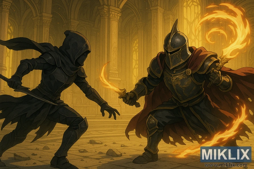 Anime-style scene of a Black Knife armored warrior battling Sir Gideon the All-Knowing in the golden Erdtree Sanctuary. Anime-style scene of a Black Knife armored warrior battling Sir Gideon the All-Knowing in the golden Erdtree Sanctuary.