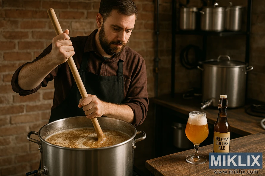 Homebrewer stirring mash in stainless steel kettle for Belgian Golden Ale Homebrewer stirring mash in stainless steel kettle for Belgian Golden Ale